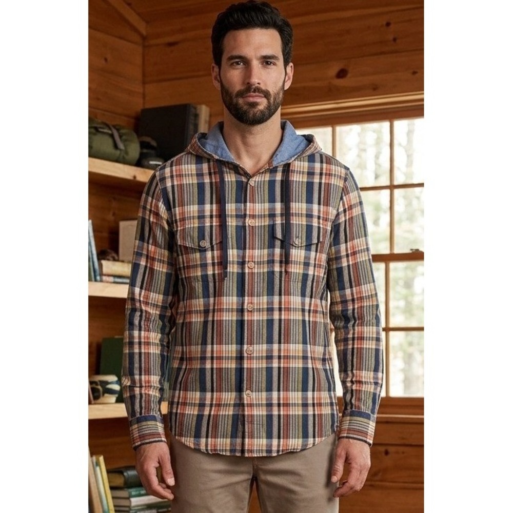 LL Bean Signature Button Up Shirt Mens M Hooded Plaid Multicolor Cotton Slim Fit